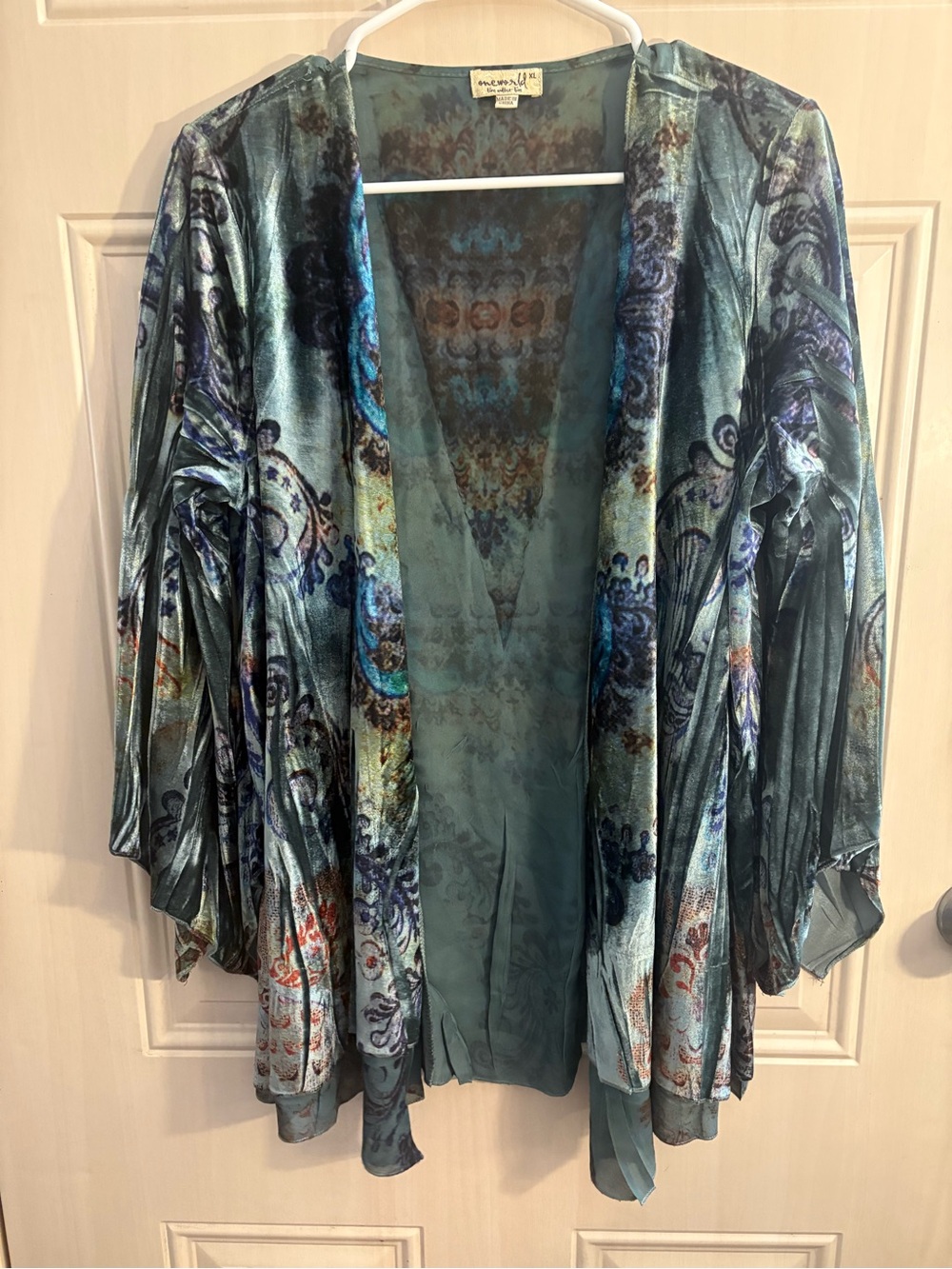 ONEWORLD Teal Blue Paisley Velvet Open-Front Cardigan Flutter Sleeves Women’s XL